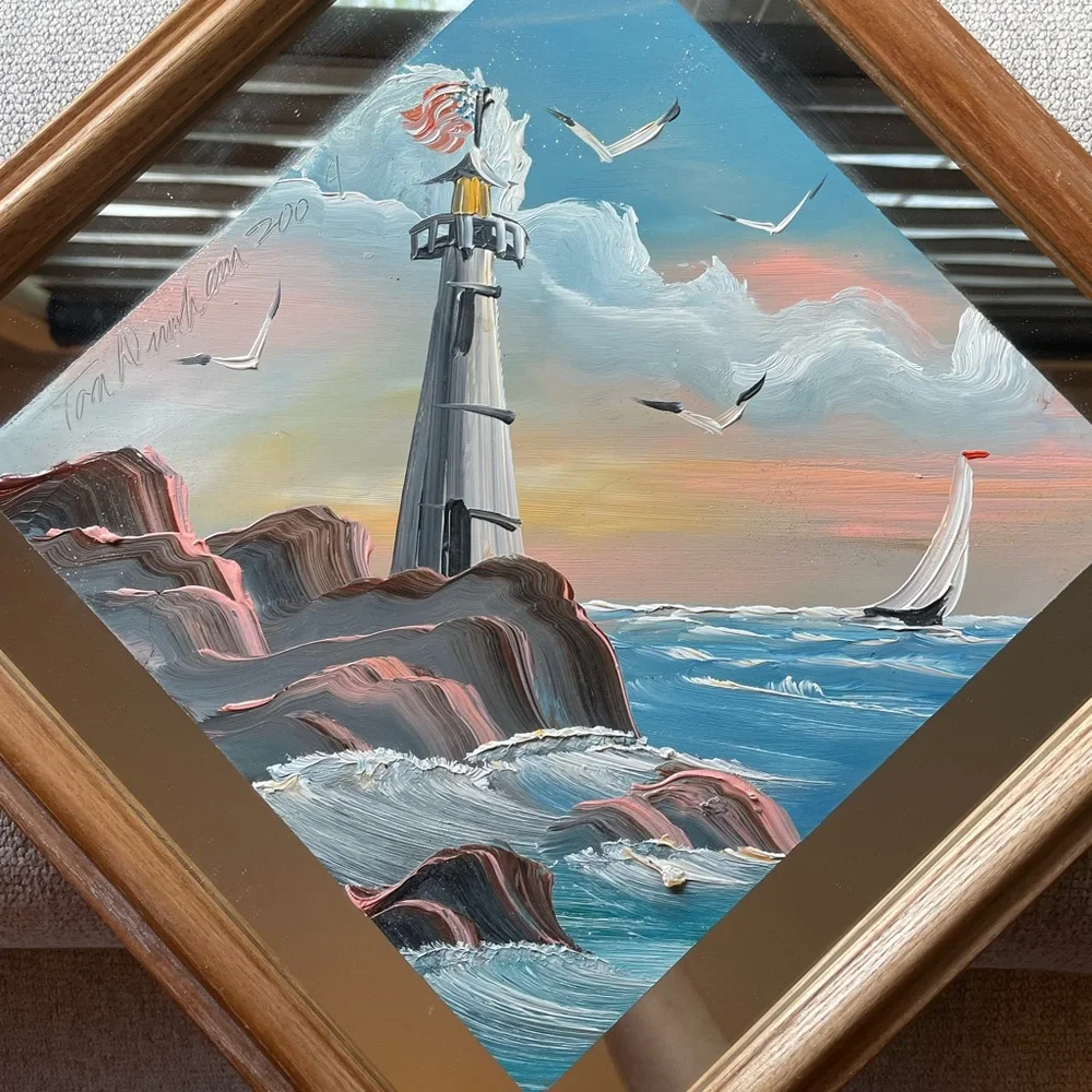 One of a kind lighthouse/coastal scene diamond shaped mirror